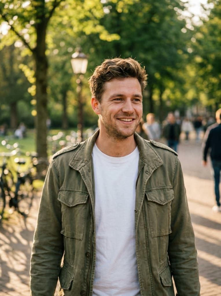 Na: natuurlijke profielfoto buiten in het park bij avondlicht, score 78
